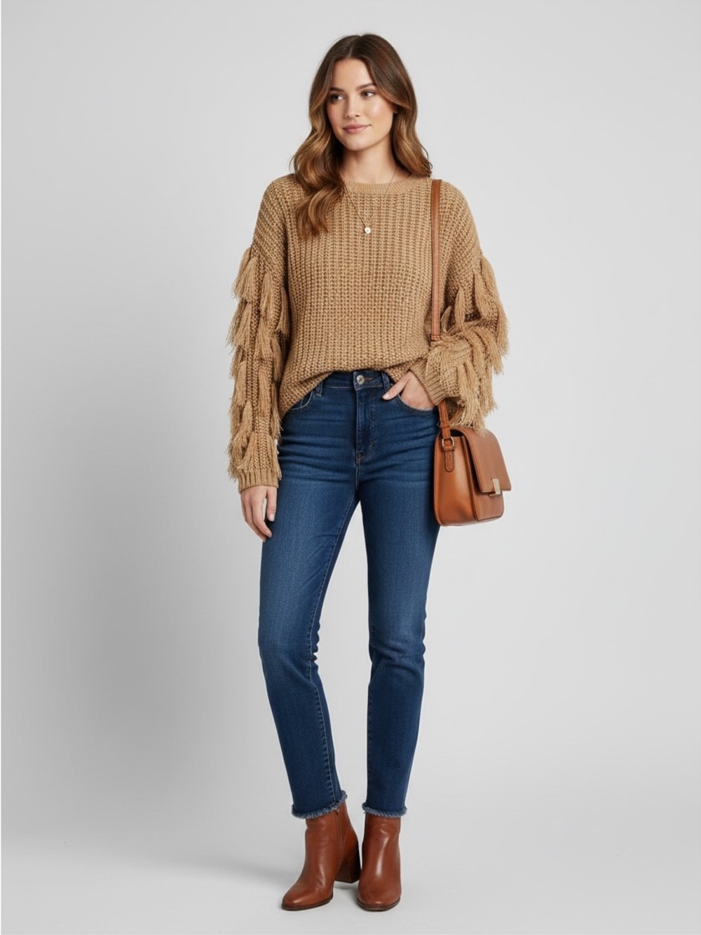 Hayden Women's Long Sleeve Sweater Crewneck with tassels